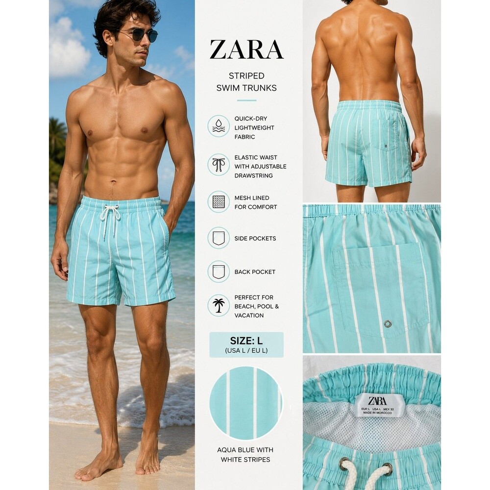 Zara Swim Trunks Men's Large Aqua White Striped Quick Dry Beach Shorts